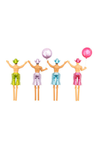 Cutout of the Set of 4 Cowboy Cake Toppers seen from behind, on a white background.