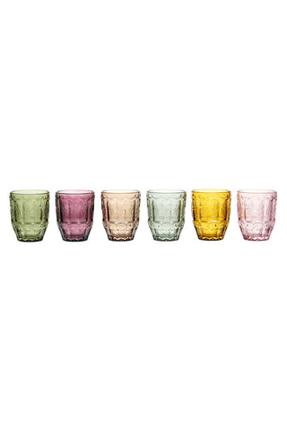 Cutout of the Set of 6 Colourful Vintage-Style Glass Tumblers on a white background.