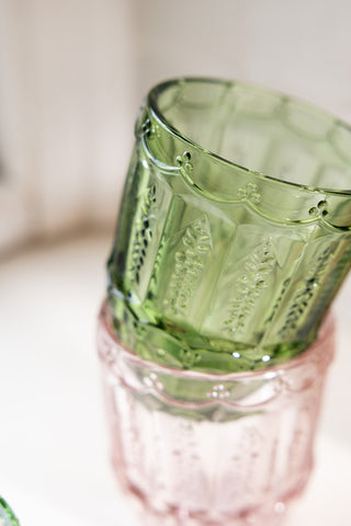 Close-up of two of the Set of 6 Colourful Vintage-Style Glass Tumblers.