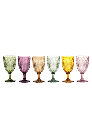 Cutout of the Set of 6 Colourful Vintage-Style Wine Glasses on a white background.