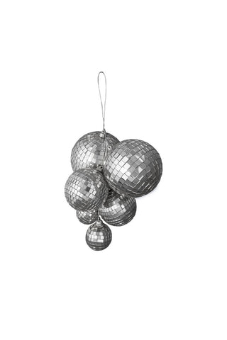 Cutout of the Silver Disco Ball Cluster Decoration on a white background.