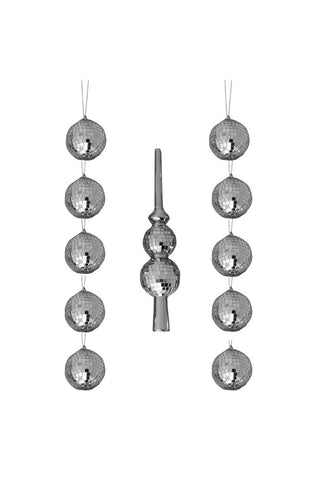 Cutout of the Silver Disco Ball & 10 Disco Ball Christmas Tree Decoration Set on a white background.