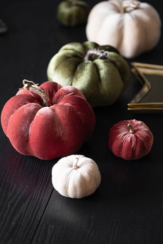 The Small Dusky Rose Velvet Pumpkin with various other pumpkins in different colours and sizes, styled together on a dark wooden surface.