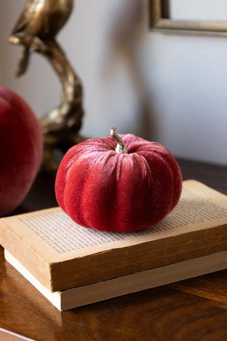 The Small Dusky Rose Velvet Pumpkin styled on a stack of books on a wooden surface.