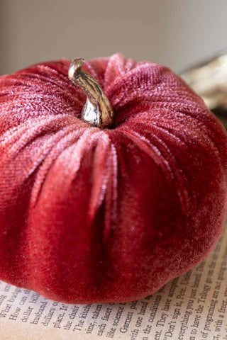 Close-up of the Small Dusky Rose Velvet Pumpkin, styled on a page of a book.