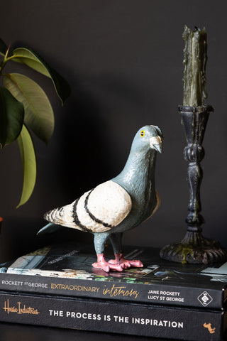 The Quirky Pigeon Ornament displayed on a stack of books next to a plant and candlestick holder.