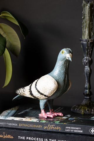 The Quirky Pigeon Ornament styled on some books next to a plant and candlestick holder.