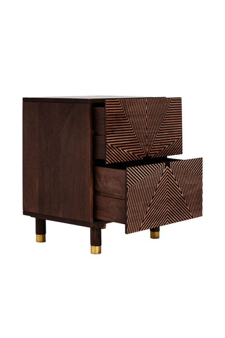 Cutout of the Starburst Bedside Table seen from a side angle, with both of the drawers open.