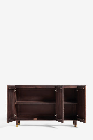 The Starburst Sideboard on a white background, with all of the doors open.