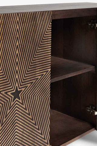 Detail shot of the Starburst Sideboard with one of the doors open.