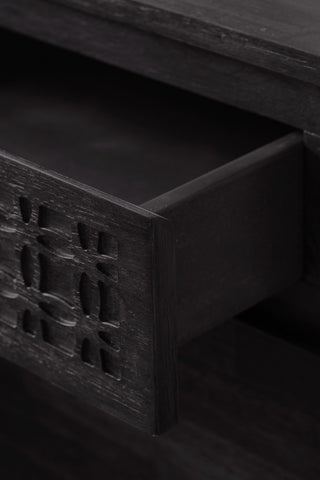 Close-up of the open drawer of the Stylish Mango Wood 2-Drawer Bedside Table.