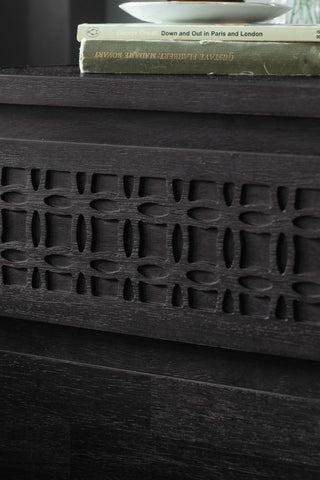 Detail shot of the front of the drawer of the Stylish Mango Wood 2-Drawer Bedside Table.