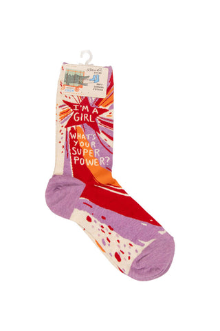 The Superpower Womens Socks with the packaging attached, on a white background.