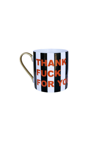 Cutout of the Thank Fuck For You Stripe Mug on a white background.