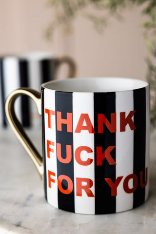 Close-up of the Thank Fuck For You Stripe Mug.