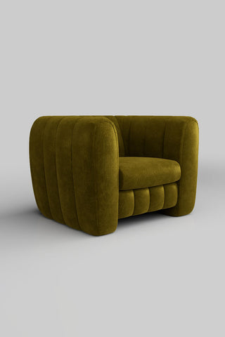 The Bowie Love Seat In Luxe Kneedlecord Velvet Vintage Green on a plain background, seen from a side angle.