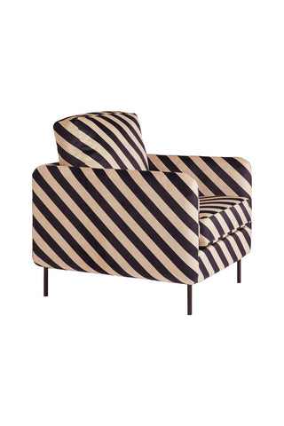 Cutout of The Edie Sand and Black Stripe Armchair, seen from a side angle.