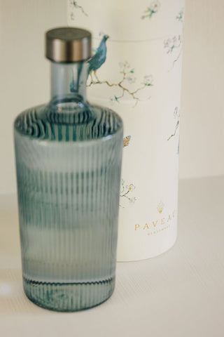 Close-up of The Paveau - Gorgeous Ribbed Glass Carafe in Grey Blue.