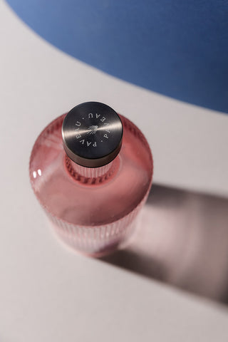 The Paveau - Gorgeous Ribbed Glass Carafe in Pale Pink seen from above.