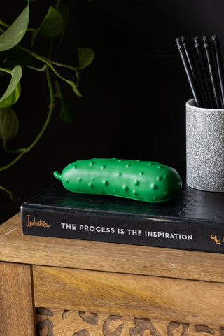 The Stress Pickle displayed on a book with a pen pot on a wooden surface, with a plant in the background.