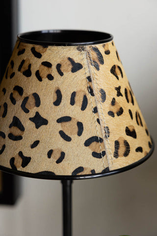 Close-up of the leopard print shade on the Thin Table Lamp With Leopard Shade.