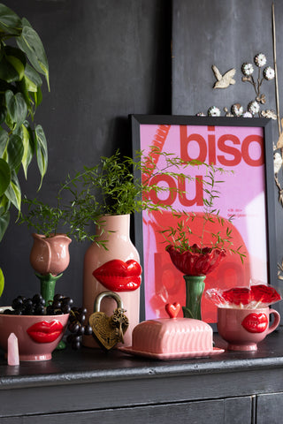 A stunning pink and red Valentine's display featuring love related products.