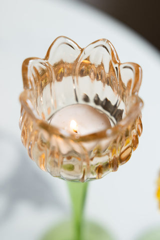 Close-up of the Vintage-Style Orange Glass Flower Candle Holder seen from above.