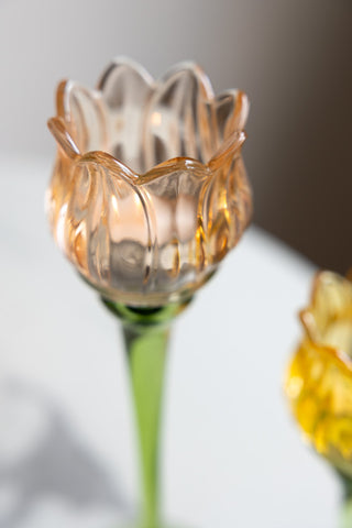 Close-up of the Vintage-Style Orange Glass Flower Candle Holder.