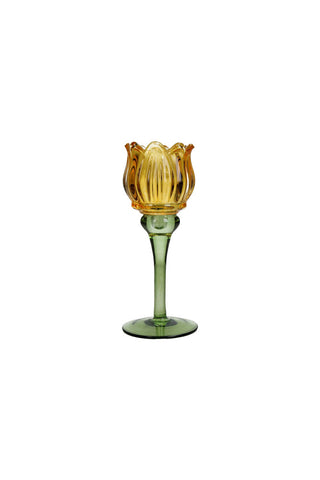 Cutout of the Vintage-Style Yellow Glass Flower Candle Holder on a white background.