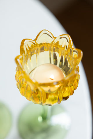 Close-up of the Vintage-Style Yellow Glass Flower Candle Holder seen from above.