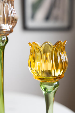 Close-up of the flower of the Vintage-Style Yellow Glass Flower Candle Holder.