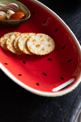 A close up of the Lifestyle image of the Watermelon Serving Plate