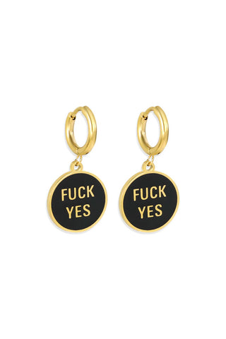 Cutout of the Waterproof Fuck Yes Gold Charm Earrings on a white background.