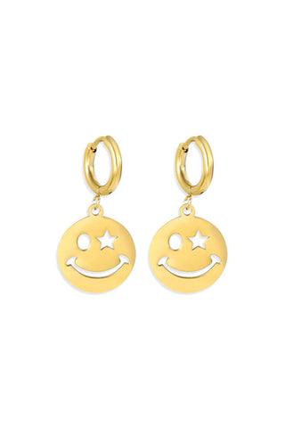 Cutout of the Waterproof Gold Wink Face Charm Earrings on a white background.