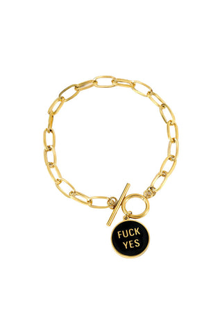 Cutout of the Waterproof Gold Fuck Yes Charm Bracelet on a white background.