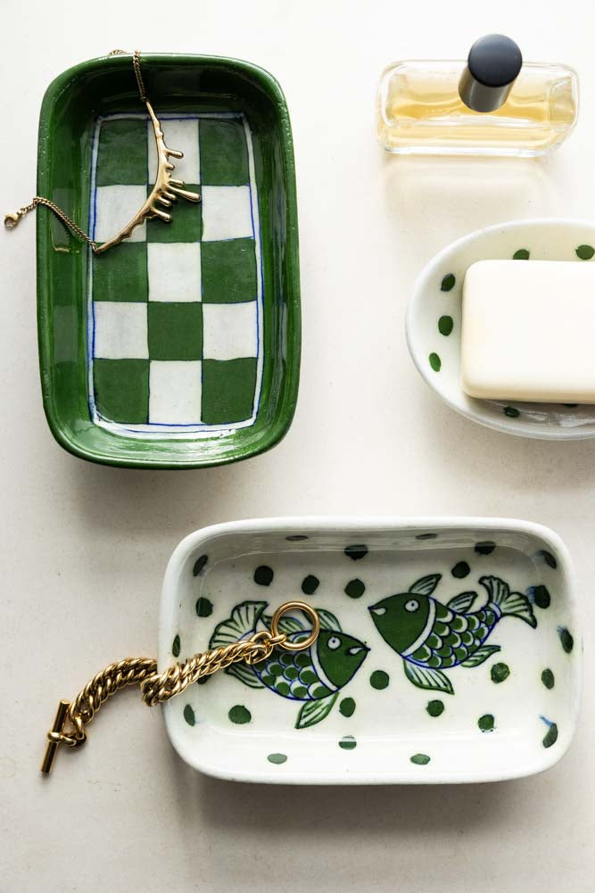 White & Green Fish Ceramic Trinket Dish