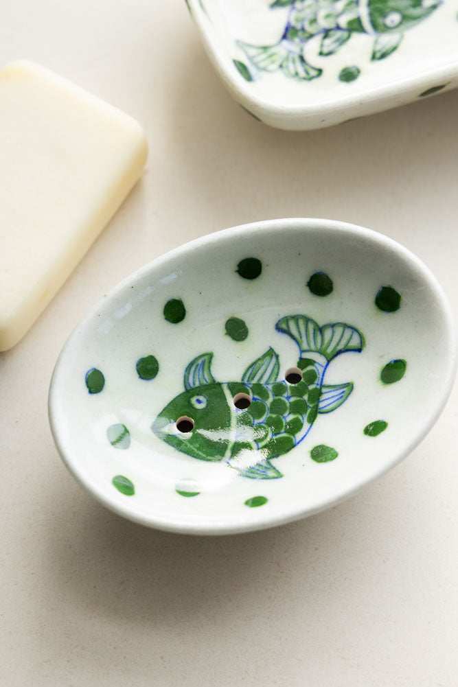 White & Green Fish Ceramic Trinket Dish