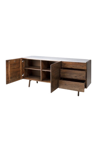 Cutout of the Wood & Marble Barcelona Sideboard with the drawers/doors open.