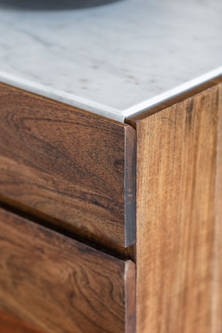 Close-up of one corner of the Wood & Marble Barcelona Sideboard.