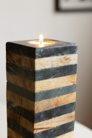 Close-up of the Wood & Slate Tealight Holder with a lit tealight inside.