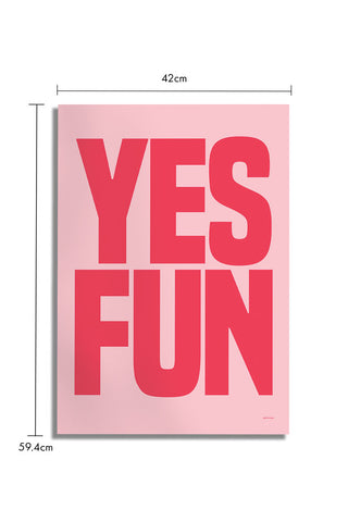 The Yes Fun Pink & Red Art Print - Unframed on a white background with dimension details.