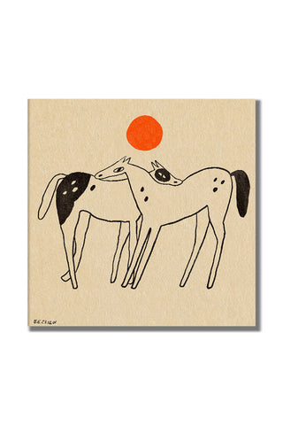 An unframed art print of two horses intertwined under an orange moon.