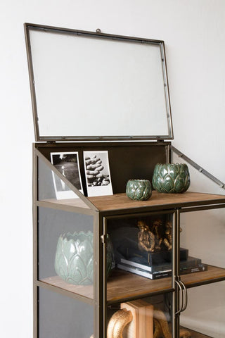 Image of the top door open on the Antique Brass Glass Display Cabinet