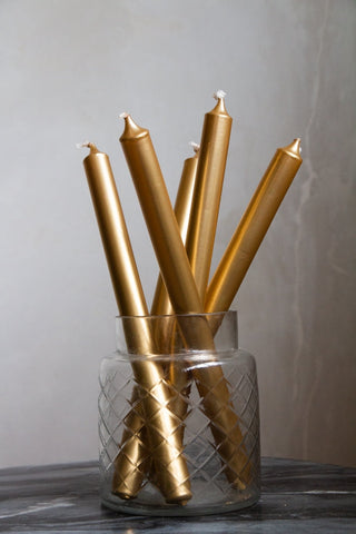 Image of 5 Metallic Gold Beautiful Dinner Candles in a jar