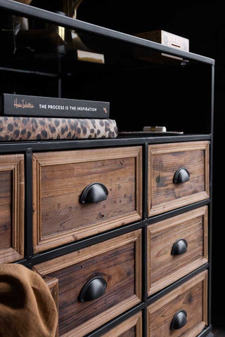 Angled image of the right side of the Haberdashery 12 Drawer Shop Counter With Glass Top