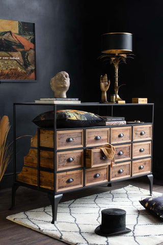 Lifestyle image of the front of the Haberdashery 12 Drawer Shop Counter With Glass Top