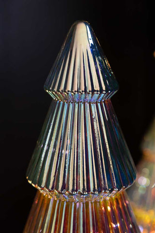 Close-up of the top of the Large Glass Christmas Tree With LED Lights.