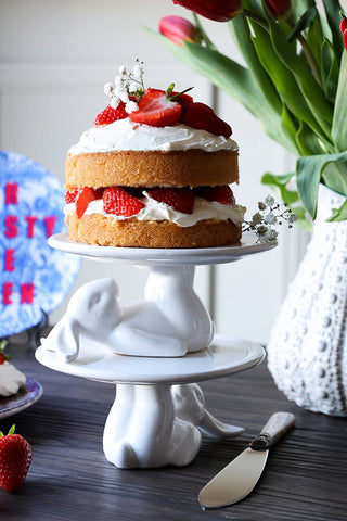 Image of two lazy rabbit cake plates stacked on top of one another holding up a victoria spongecake