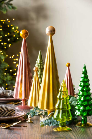 Lifestyle image of the Luxury Set Of 3 Pink & Gold Pleated Christmas Trees as a tablescape