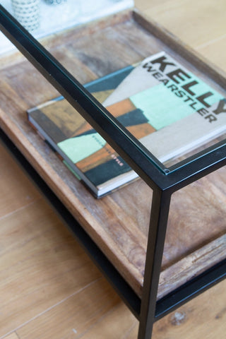 Close-up above image of the Multi-Tray Marble & Mango Wood Coffee Table